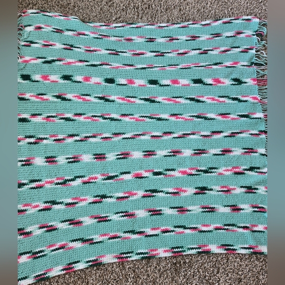 Vintage Shawl Wrap, Leg Warmer Crochet By Hand 1988 With Fringe Greens & Pink - Picture 8 of 9